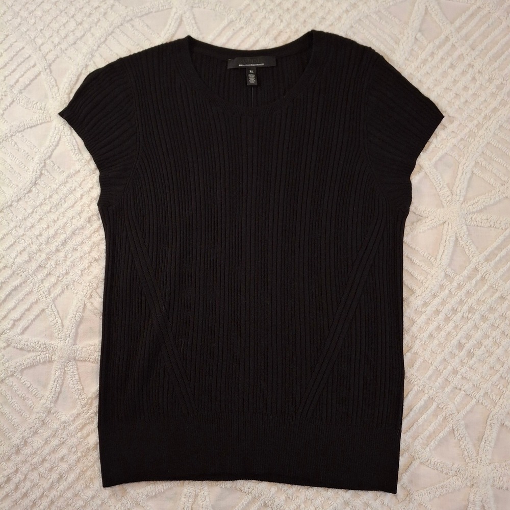White House Black Market Womens XL Sweater Black Cap Sleeve Ribbed Stretch NWT
